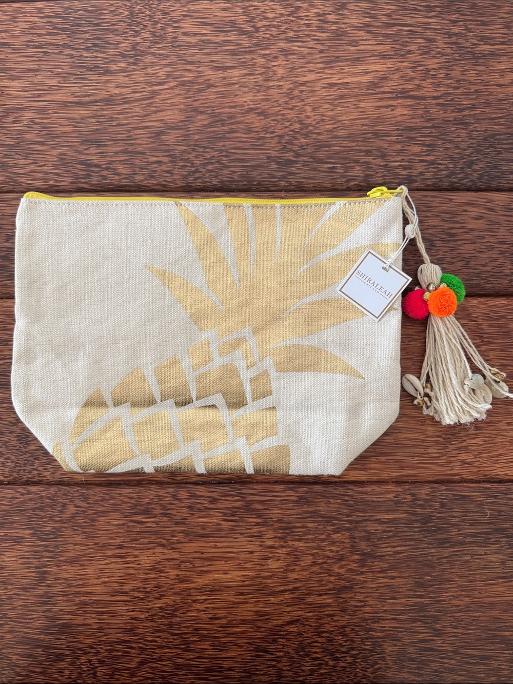 Shiraleah Natural Canvas Pouch with Gold Pineapple and Colorful Tassel
